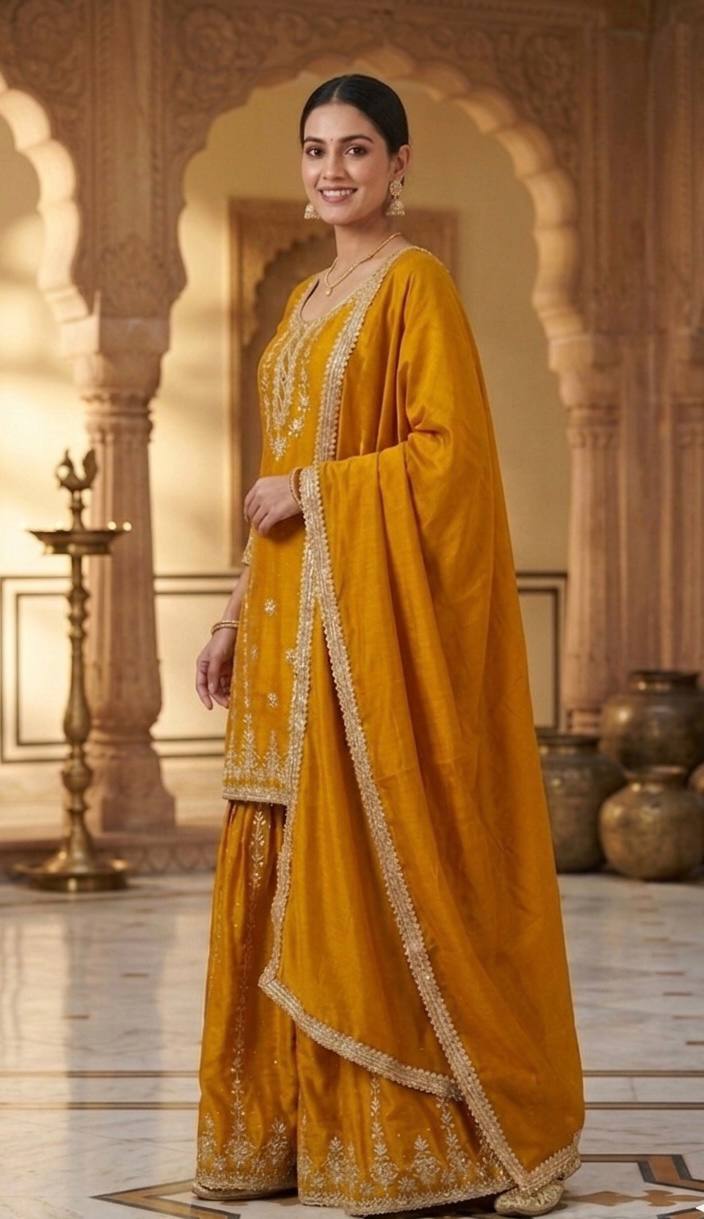 Bespoke Amber & Silver Haldi Ensemble